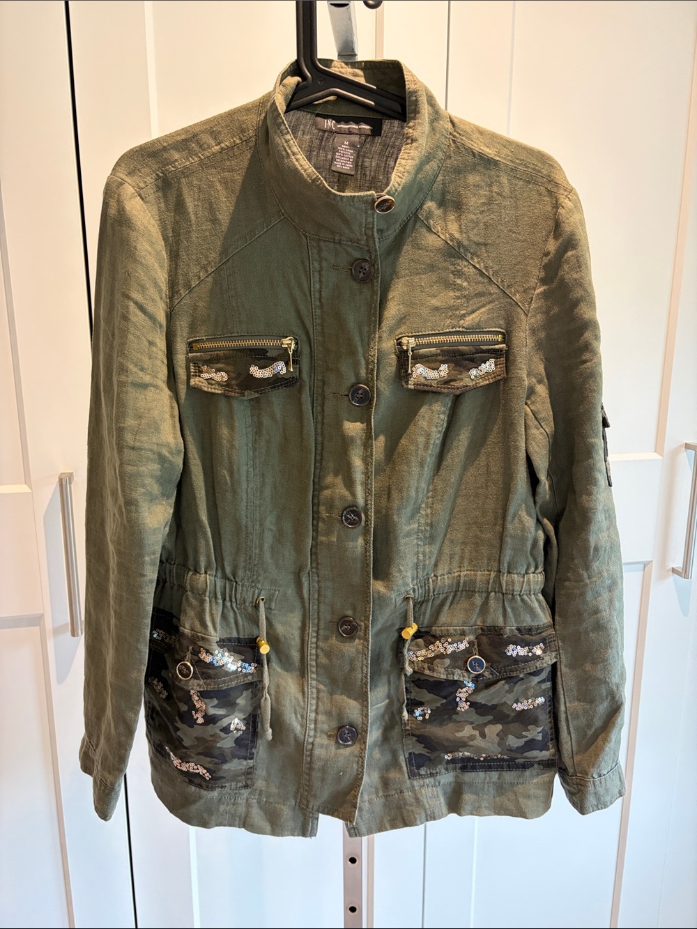 100% Linen Women's Olive Utility Jacket with Sequin Camo Pocket Accents